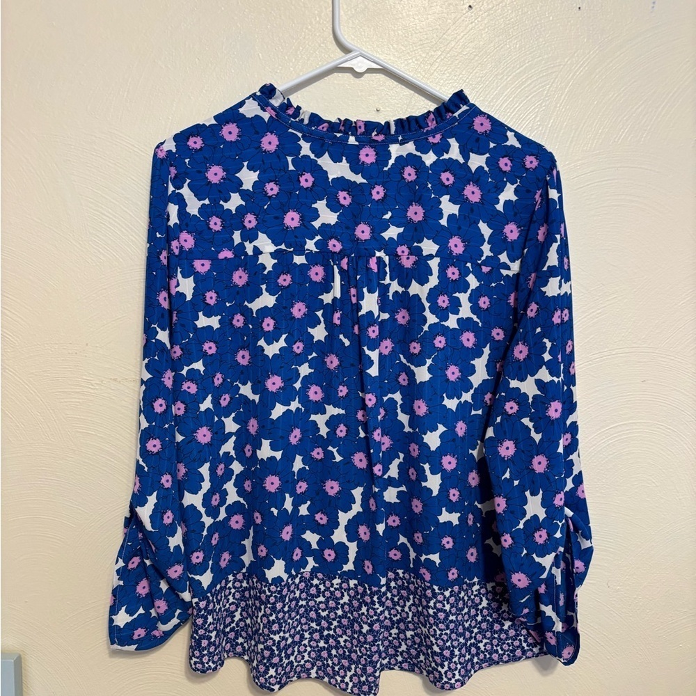 Elle Blue Floral Boho Blouse XL Tie Neck Long Sleeve - Picture 9 of 9